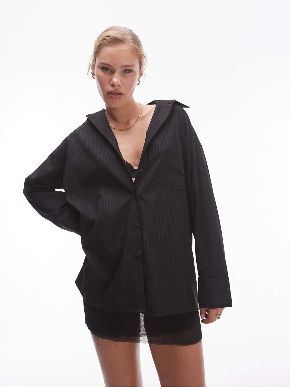 Topshop Black Pinstripe CoOrd set - Relaxed Button-Down Shirt - and mini skirt